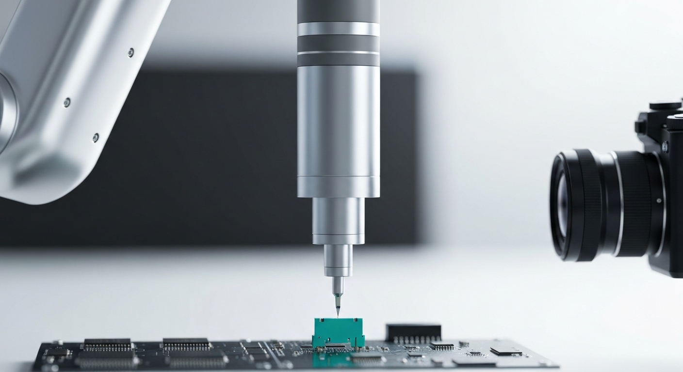 Industrial robot arm inspecting PCB