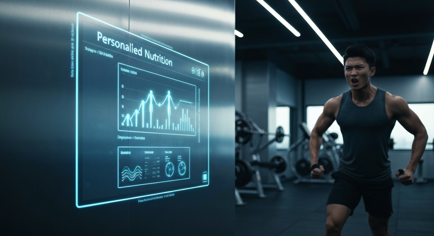 Futuristic gym interior with holographic nutrition data display.