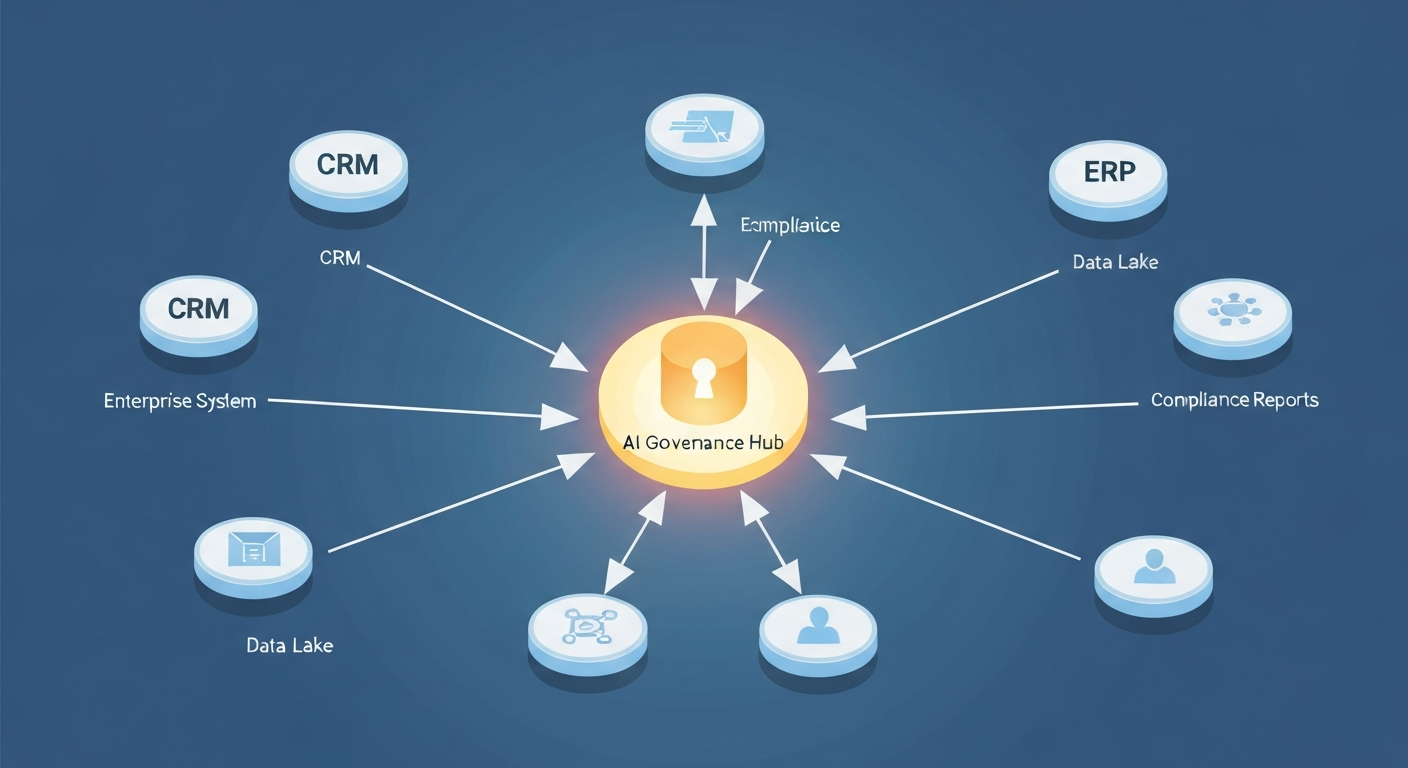 A detailed blueprint or architectural diagram, showing various enterprise systems (CRM, ERP, Data Lake) with arrows flowing into a central 'AI Governance Hub' represented as a secure, glowing core, with compliance reports emanating outwards.