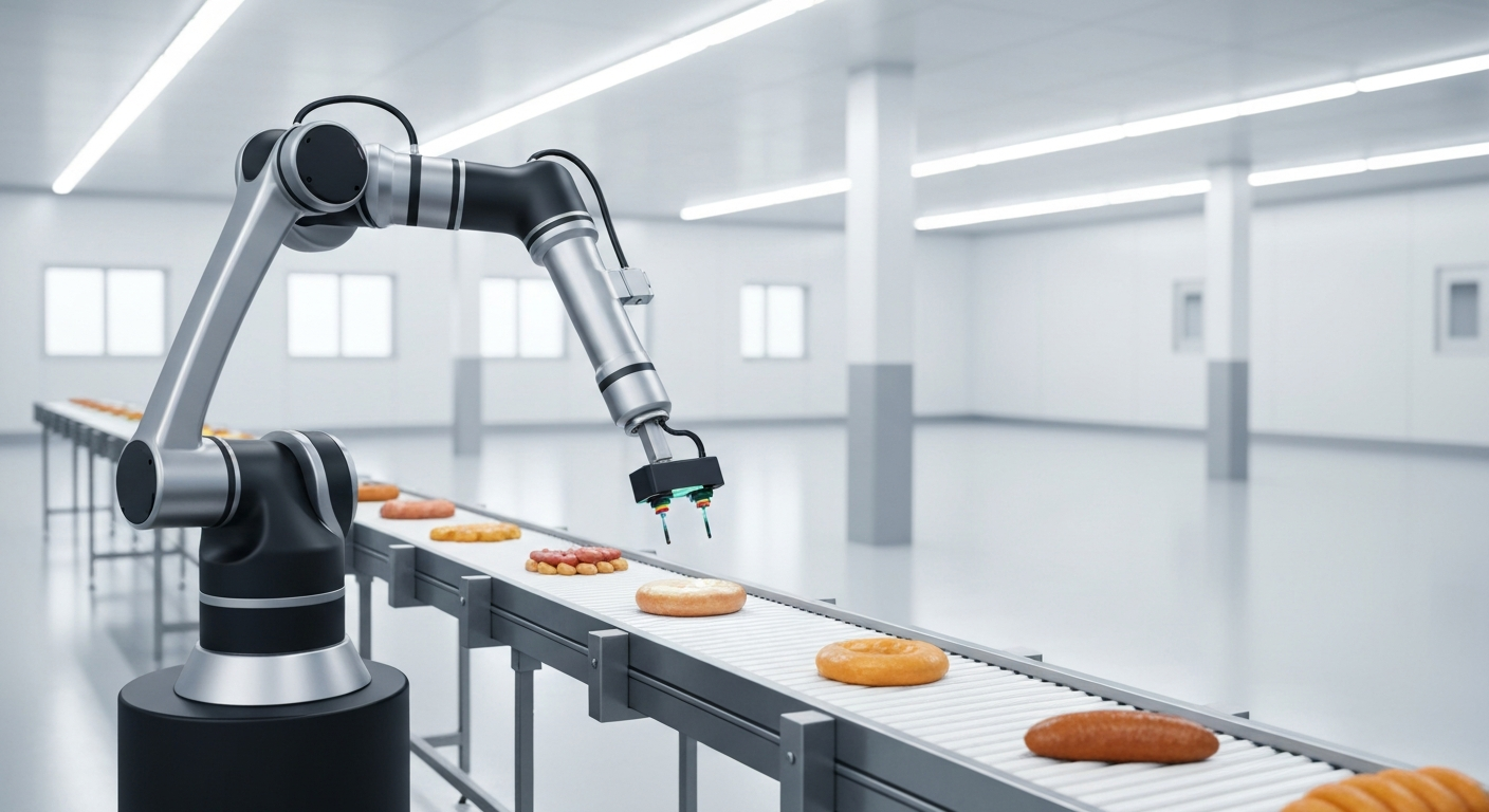 AI robotic arm inspecting food on conveyor belt