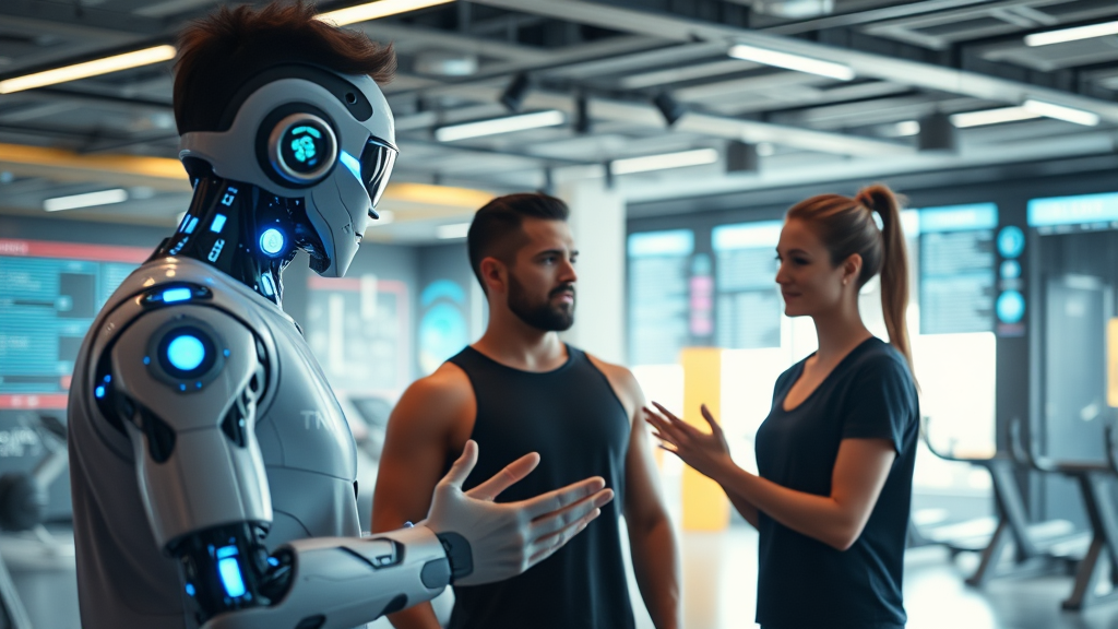AI assistant in a modern fitness studio enhancing member experience and scheduling efficiency