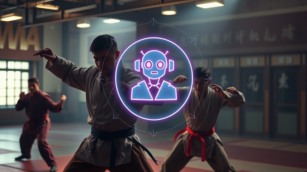 AI chatbot icon overlaid on a dynamic martial arts training scene, symbolizing lead generation and dojo growth. This cinematic image features dramatic lighting and a premium feel, with no text.