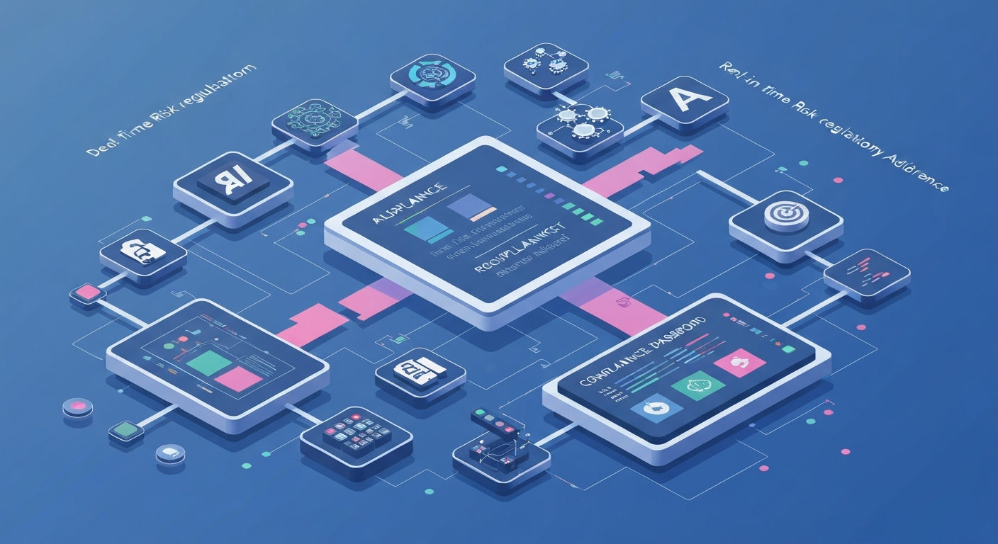 A detailed isometric illustration of a complex digital ecosystem, with various AI models represented as interconnected nodes, flowing into a central compliance dashboard displaying real-time risk assessments and regulatory adherence.
