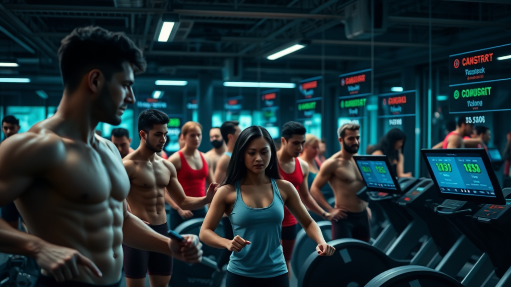 Diverse group of expats exercising in a modern gym with multilingual digital interfaces.