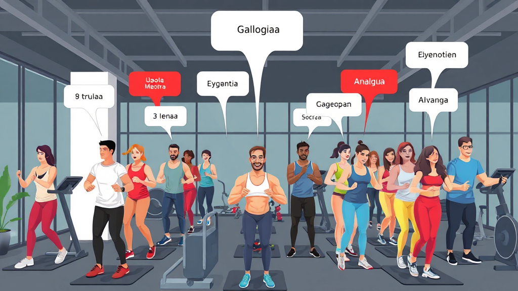 Diverse gym members with multilingual speech bubbles