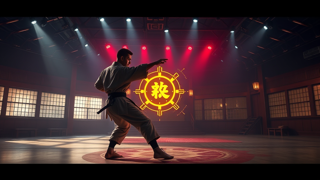Futuristic martial arts dojo with glowing AI interface for 24/7 lead generation