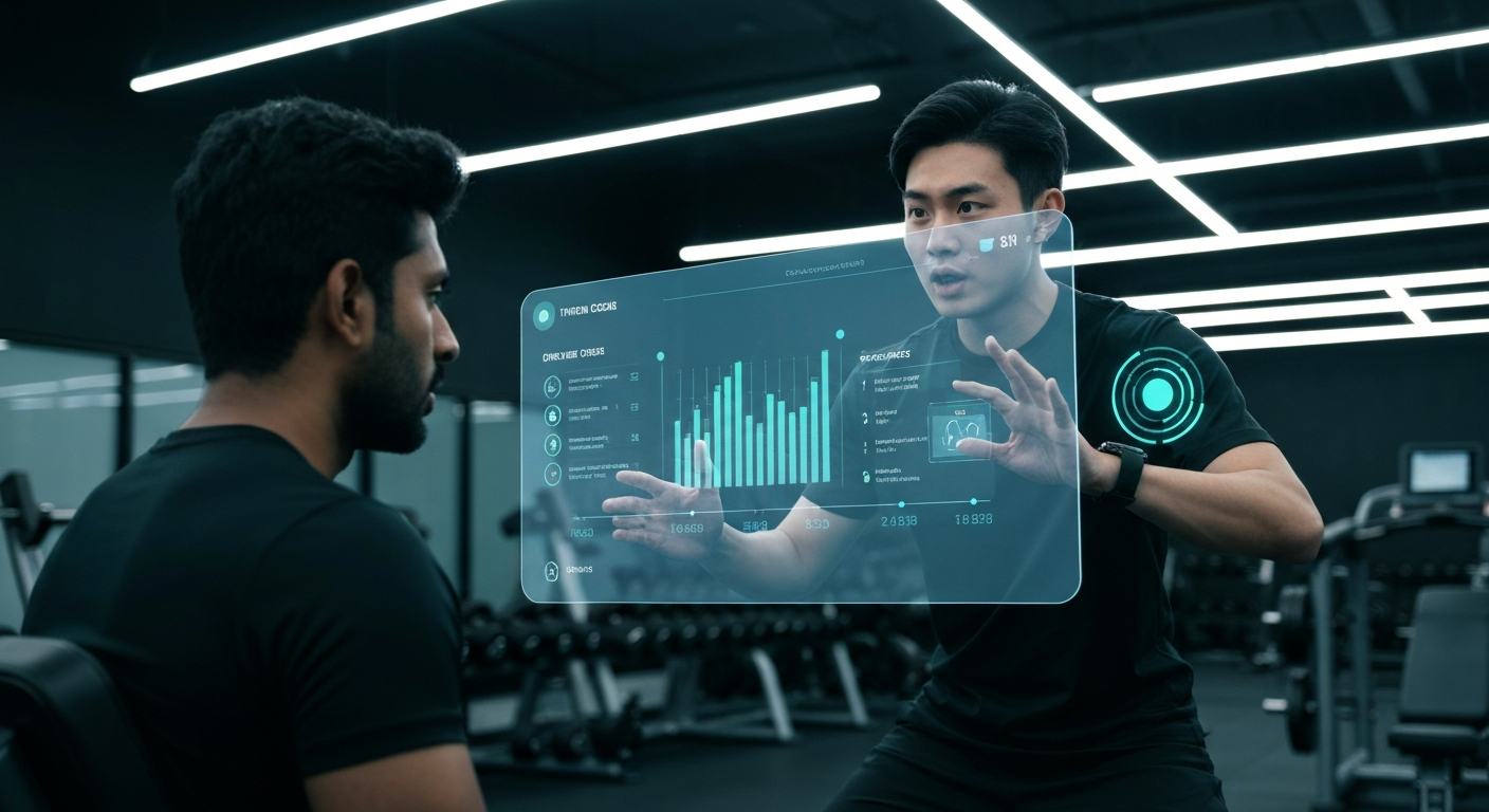 AI fitness coach guiding a gym member with personalized data for retention