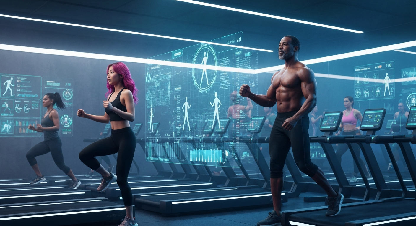 Futuristic gym with AI interfaces and diverse people exercising