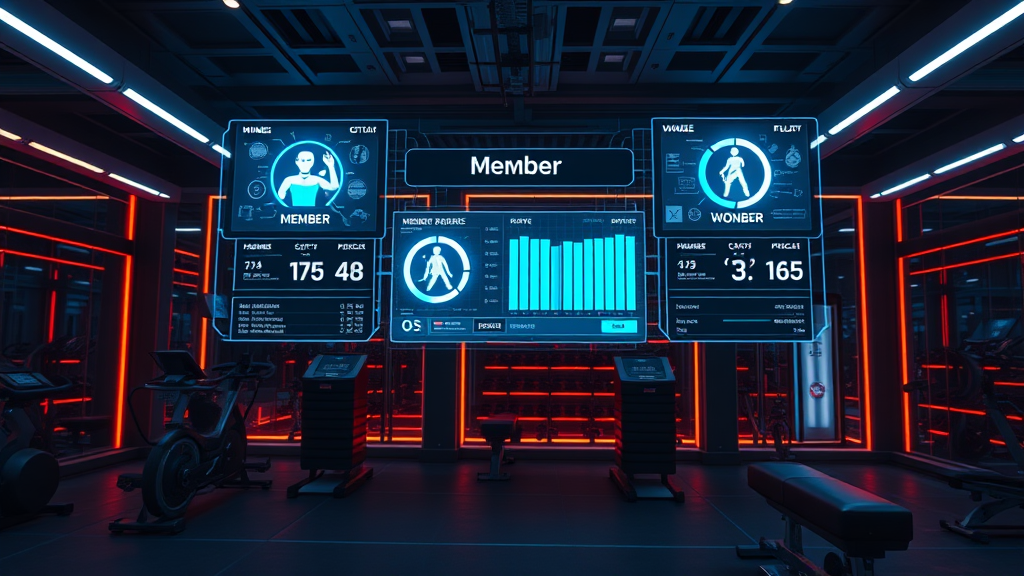 Futuristic gym interface with holographic member data and workout progress