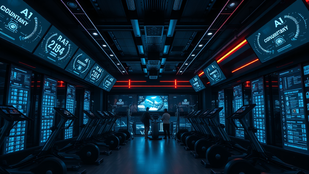 Futuristic gym interior with glowing AI interface screens for 24/7 lead nurturing.