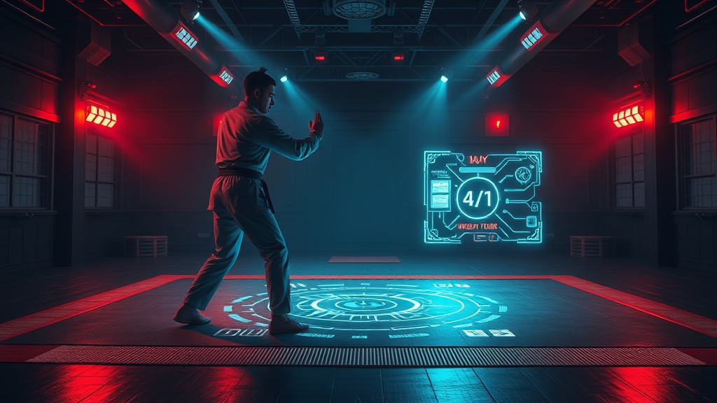 Futuristic martial arts dojo with glowing AI interface for 24/7 lead conversion.