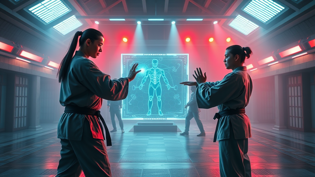 Futuristic martial arts dojo with holographic AI assistant for student acquisition