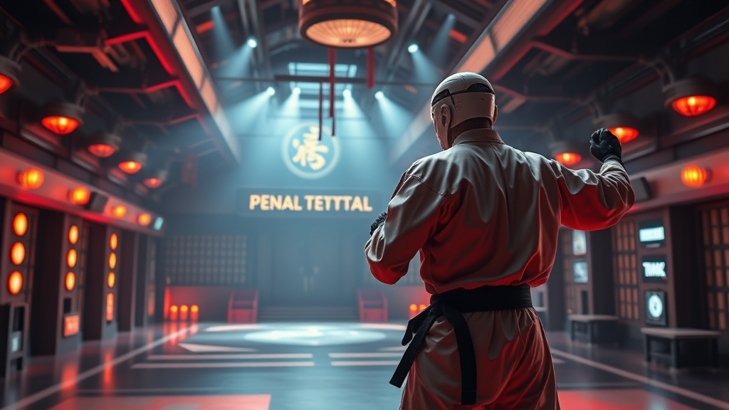 Futuristic martial arts dojo with AI interface managing student inquiries 24/7