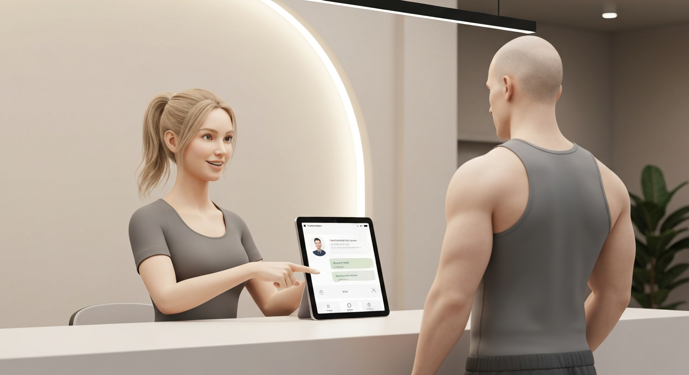Gym staff assisting member while chatbot on tablet