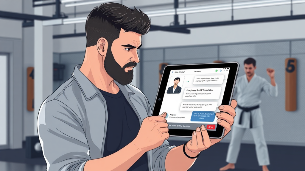 Gym owner with AI receptionist tablet and martial artist