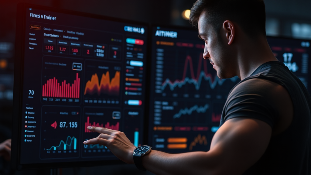 Cinematic image of AI lead generation tools for personal trainers, showing a digital interface with fitness data and a trainer
