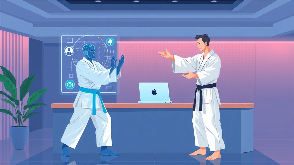 Martial artist with holographic AI assistant