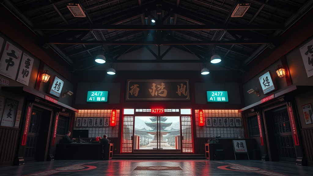 Cinematic AI receptionist in martial arts dojo
