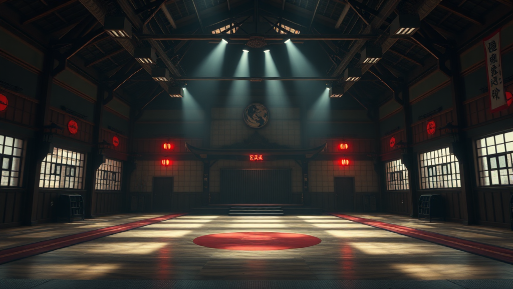 Cinematic hero image of a martial arts dojo with AI tech elements