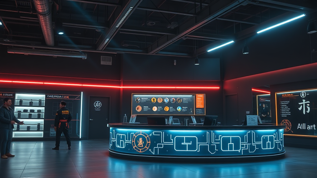 Futuristic AI interface at a martial arts gym front desk, boosting student enrollment efficiently.