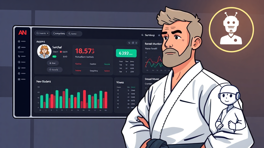 Martial arts gym owner viewing AI enrollment dashboard