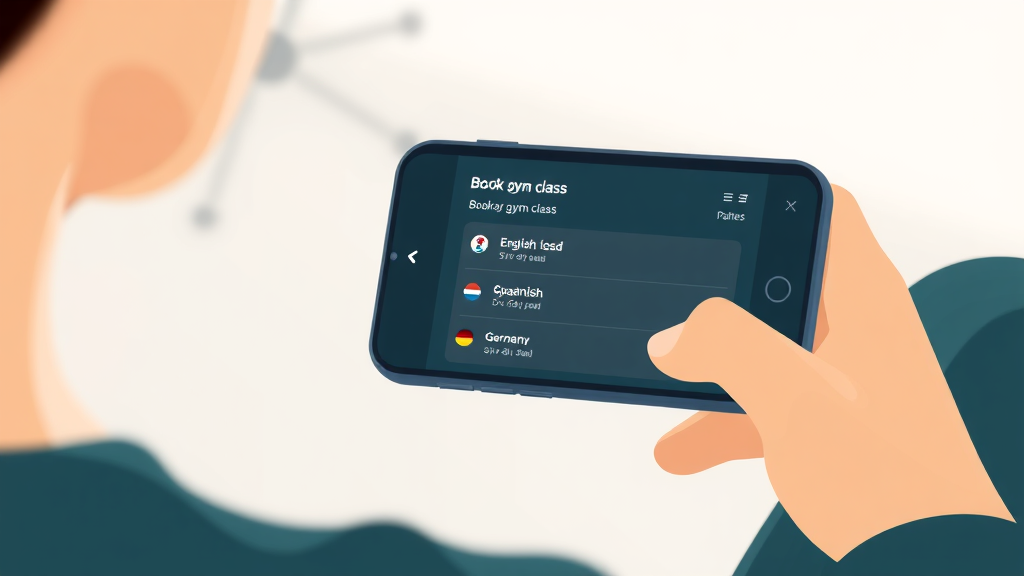 Smartphone showing multilingual gym class booking