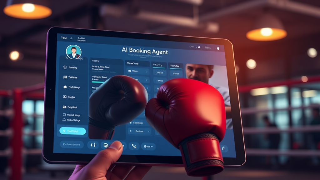 Cinematic AI booking agent interface on tablet with kickboxing gloves, symbolizing increased gym trial sign-ups and efficiency.