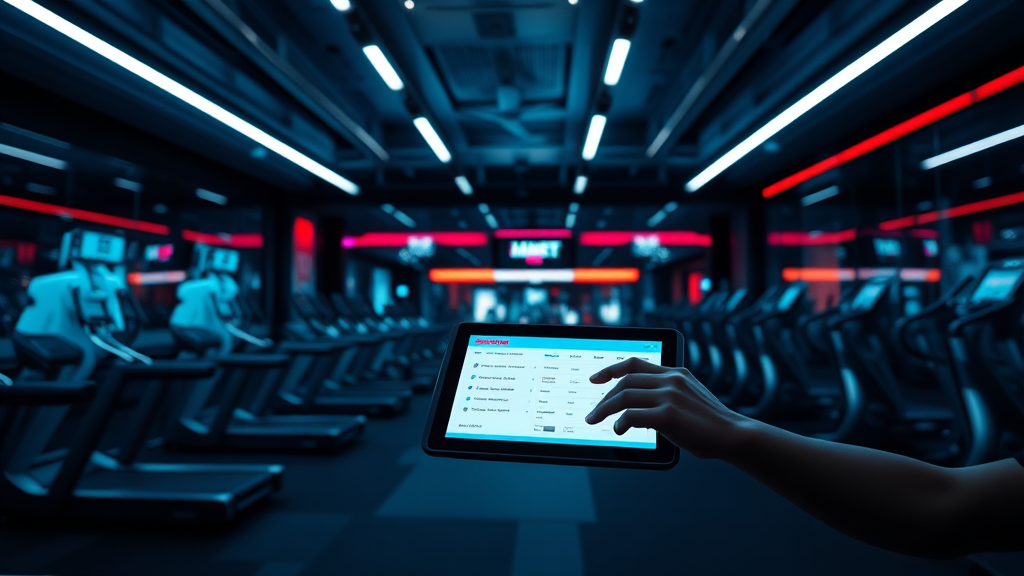 Cinematic view of a modern gym with integrated digital booking system