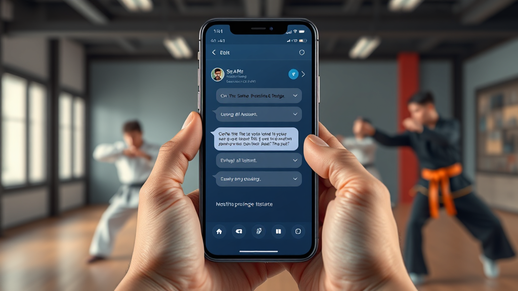 Smartphone chat with AI assistant, martial arts background