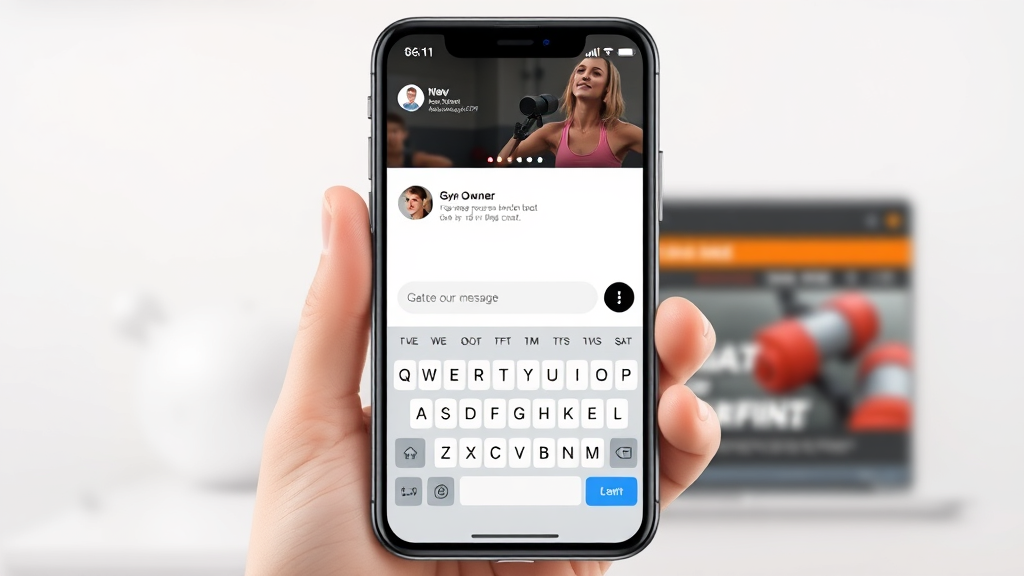 Gym owner updating website via chatbot on smartphone