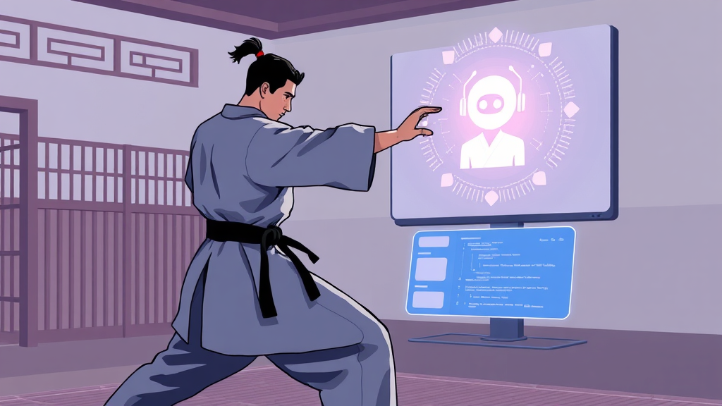 Martial artist with AI chatbot overlay